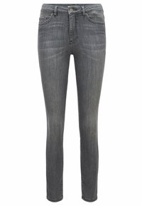 Grå denimjeans, slim fit, har fem fickor, knappstängning och subtil blekning. Texturen är jämn med små färgvariationer.