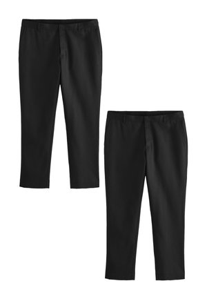 Dva páry čiernych spoločenských nohavíc s opaskovými slučkami a prednými vreckami, zobrazené na bielom pozadí.