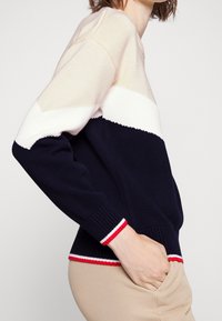 Pull en maille bleu marine et crème avec des rayures en chevrons, poignets côtelés avec des accents rouges et blancs, et une coupe relaxée. Poche visible sur le côté.