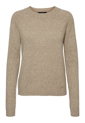 Beige Strickpullover mit langen Ärmeln, rundem Ausschnitt und einem leicht strukturierten Muster. Schlichtes Design mit gerippten Bündchen und Saum.