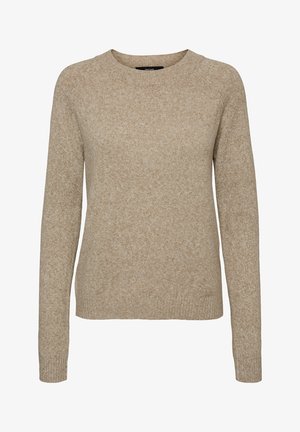 Bežani pleteni pulover s dugim rukavima, okruglim izrezom i blago teksturiranim uzorkom. Osnovni dizajn s rebrastim manžetama i rubom.