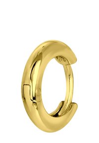 Boucle d'oreille en or avec un design lisse et arrondi et une finition métallique brillante. Comprend un fermoir pour une fermeture sécurisée.
