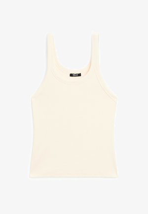 Débardeur beige clair en tissu côtelé, avec un col rond et des bretelles larges, d'une coupe ajustée et avec un minimalisme dans le design.