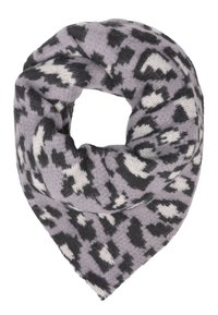 Foulard circulaire en matériau tricoté doux. Fond lavande avec un imprimé animal noir et blanc. Surface texturée avec une apparence cocooning.