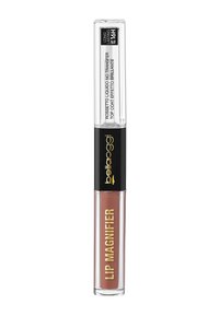 Prodotto labbra liquido in un tubo trasparente con un tappo nero. Presenta una tonalità marrone-rosata etichettata "Lip Magnifier." Punta dell'applicatore con texture.