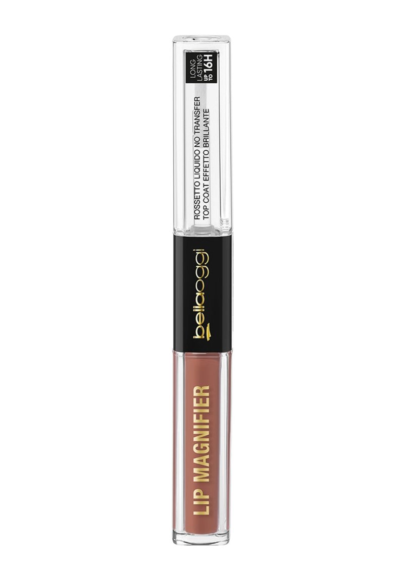 Prodotto labbra liquido in un tubo trasparente con un tappo nero. Presenta una tonalità marrone-rosata etichettata "Lip Magnifier." Punta dell'applicatore con texture.