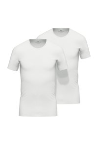 Two white short-sleeve t-shirts made of smooth fabric. Round neck design with no patterns or embellishments. Simple, classic style.