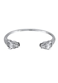 Silverfärgad manschettarmband med två lejonhuvud i ändarna, slät band med en strukturerad yta, minimalistisk design och öppen form.