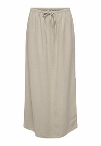 Falda maxi de lino color beige claro con cintura ajustable, aberturas laterales y una textura suave, que presenta un corte holgado y un dobladillo recto.