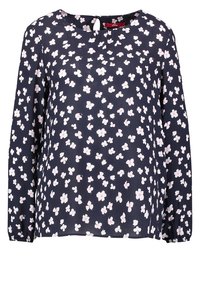 Navy blouse with long sleeves, round neckline, featuring scattered pink floral pattern. Material appears light and flowy, with subtle sheen.
