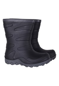 Botas de goma negras con un exterior texturizado, diseño curvado y una suela gris con dientes para un mejor agarre. La parte superior presenta indentaciones onduladas.