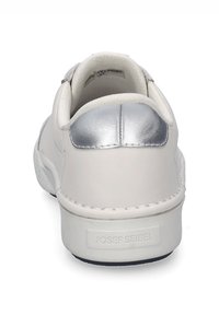White leather sneaker with a silver accent on the heel, textured rubber sole, and stitched detail around the shoe opening.