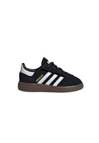 Black sneaker with white stripes, suede upper, patterned brown rubber outsole, and gold "Spezial" text on the side. Low-top design.