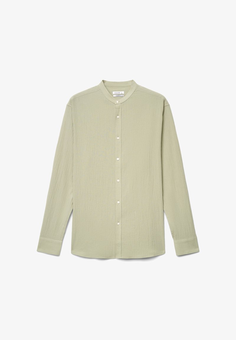 Chemise homme à manches longues vert clair avec col mandarin et boutons sur le devant, en tissu texturé.