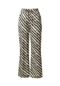 Schwarz- und cremefarbene weit geschnittene Hosen mit diagonalen Streifenmustern. Sie verfügen über einen elastischen Bund mit Kordelzug zur Anpassung.