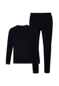 Chándal de terciopelo azul marino que presenta una parte superior de manga larga con cuello redondo y pantalones ajustados con cintura elástica ajustable.