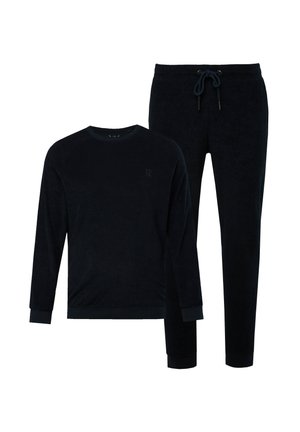 Marineblauer Velours-Trainingsanzug mit einem langärmeligen Rundhalsausschnitt und schmal zulaufenden Hosen mit verstellbarem Kordelzugbund.