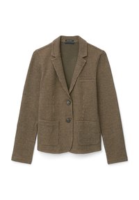Hnědý blýzrový s strukturou s houndstooth vzorem, s klopovými límci, dvěma předními kapsami a dvěma černými knoflíky vpředu.