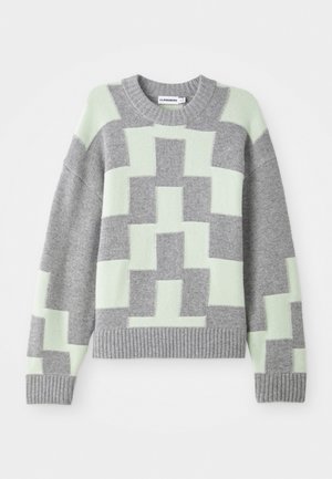 Grey and mint patterned sweater with a round neck, ribbed cuffs, and hem. Made of soft knit fabric, featuring a geometric design.