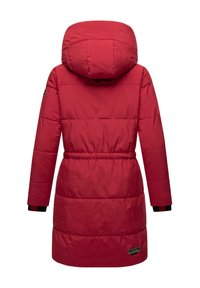 Red padded coat featuring a hood, cinched waist, and black accented cuffs. Smooth texture with lined stitching pattern and logo detail.