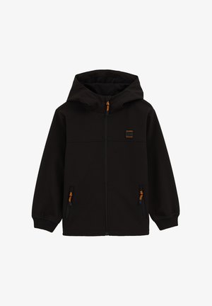 Črna jakna s kapuco iz mehkega blaga. Ima oranžne zadrge in stranske žepe s kontrastnimi detajli na vrvicah.
