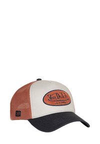 Gorra de béisbol con la parte delantera en crema, lados de malla naranja y visera negra. Logo bordado de "Von Dutch" en azul en la parte frontal.