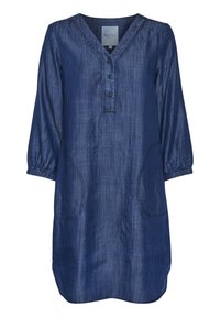 Vestido túnica de denim en azul oscuro, con escote en V, mangas tres cuartos con puños elásticos, tapeta de botones en la parte delantera y dos bolsillos laterales.