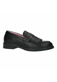Zwarte leren loafers met een platte zool, voorzien van een franjesaccent op de schacht en een gladde textuur. De binnenkant heeft een roze voering.