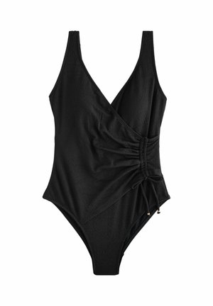 Costum de baie negru întreg, cu decolteu adânc în V și detaliu ajustabil cu șnur fronsat pe șoldul drept.