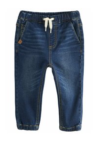 Pantalons en denim avec une taille élastique et un cordon blanc. Couleur bleu foncé, comportant deux poches avant et des détails brodés.