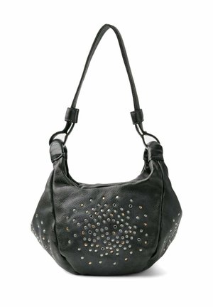 Borsa in pelle nera con forma arrotondata, decorata con borchie metalliche di vari colori. Presenta una tracolla curva e una finitura texturizzata.