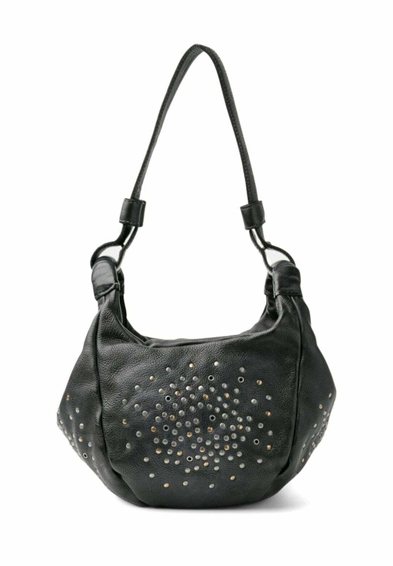 Borsa in pelle nera con forma arrotondata, decorata con borchie metalliche di vari colori. Presenta una tracolla curva e una finitura texturizzata.