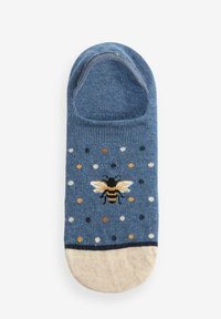 Blå lavskåret sok med et bi-design, prikket mønster i guld, hvid og navy, med en beige tå og hælsektion. Blød stofstruktur.