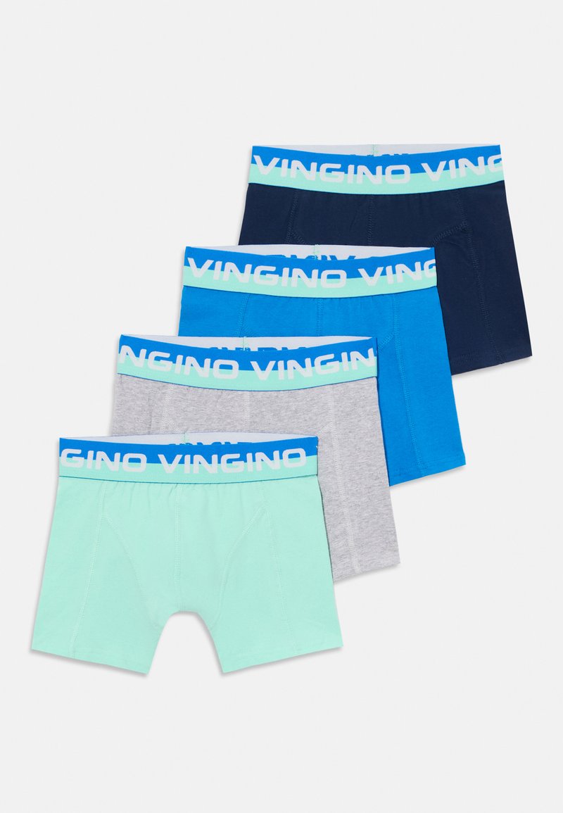 Quatro pares de boxers para rapazes nas cores verde menta, cinza, azul e marinho, com uma cinta elástica azul apresentando o logo "VINGINO".