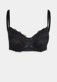 Μαύρο σουτιέν από δαντέλα με φλοράλ μοτίβο, κοφτές άκρες και ρυθμιζόμενες στροφές. Σχεδιασμένο με μπανέλες για στήριξη και υποστήριξη.