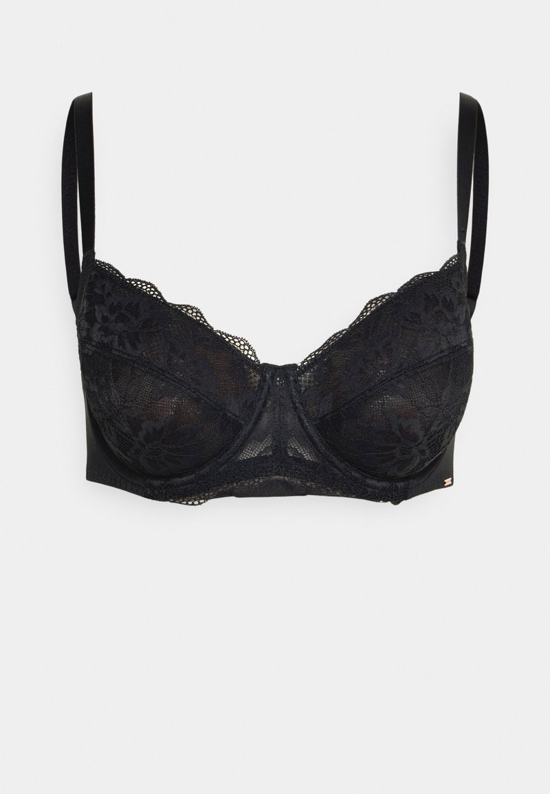 Μαύρο σουτιέν από δαντέλα με φλο�ράλ μοτίβο, κοφτές άκρες και ρυθμιζόμενες στροφές. Σχεδιασμένο με μπανέλες για στήριξη και υποστήριξη.