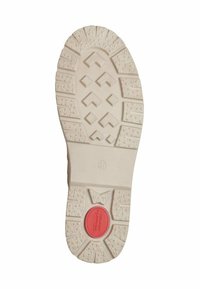 Semelle de chaussure en caoutchouc clair avec un motif de bande de roulement texturé. Accent circulaire rouge notable au niveau du talon. Taille 37 indiquée au bas.