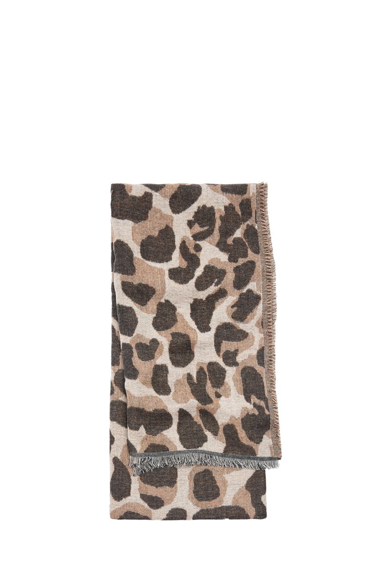 Szalik w panterkę w beżowych i brązowych odcieniach, wykonany z miękkiego, teksturowanego materiału z ozdobnymi frędzlami na krawędziach. Starannie złożony do ekspozycji.