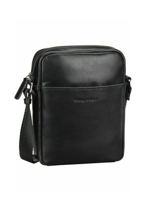 Schwarze Leder-Umhängetasche mit rechteckiger Form, Reißverschluss und einer äußeren Stecktasche. Verfügt über einen strukturierten Tragegurt und ein geprägtes Logo.