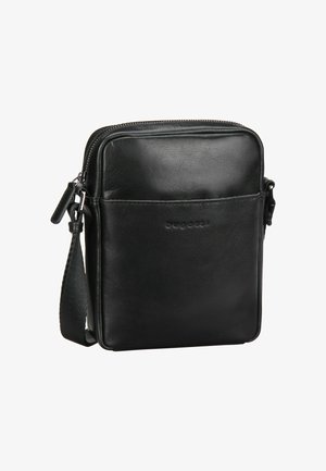 Borsa a tracolla nera in pelle con forma rettangolare, chiusura con zip e una tasca esterna a soffietto. Caratterizzata da una tracolla testurizzata e un logo impresso.