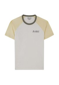Korte mouwen t-shirt in crème, met gele raglan mouwen, groene geribbelde kraag en een kleine grafische print op de borst. Katoenmateriaal.