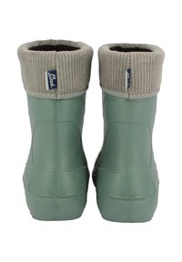 Bottes en caoutchouc vertes avec un bord tricoté gris texturé, présentant une forme arrondie et une finition lisse. Marque minimale à l'arrière.