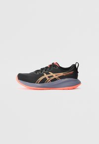 Black running shoe with orange accents, mesh upper, textured sole, and a rear pull tab. Features GEL cushioning technology and a sleek design.