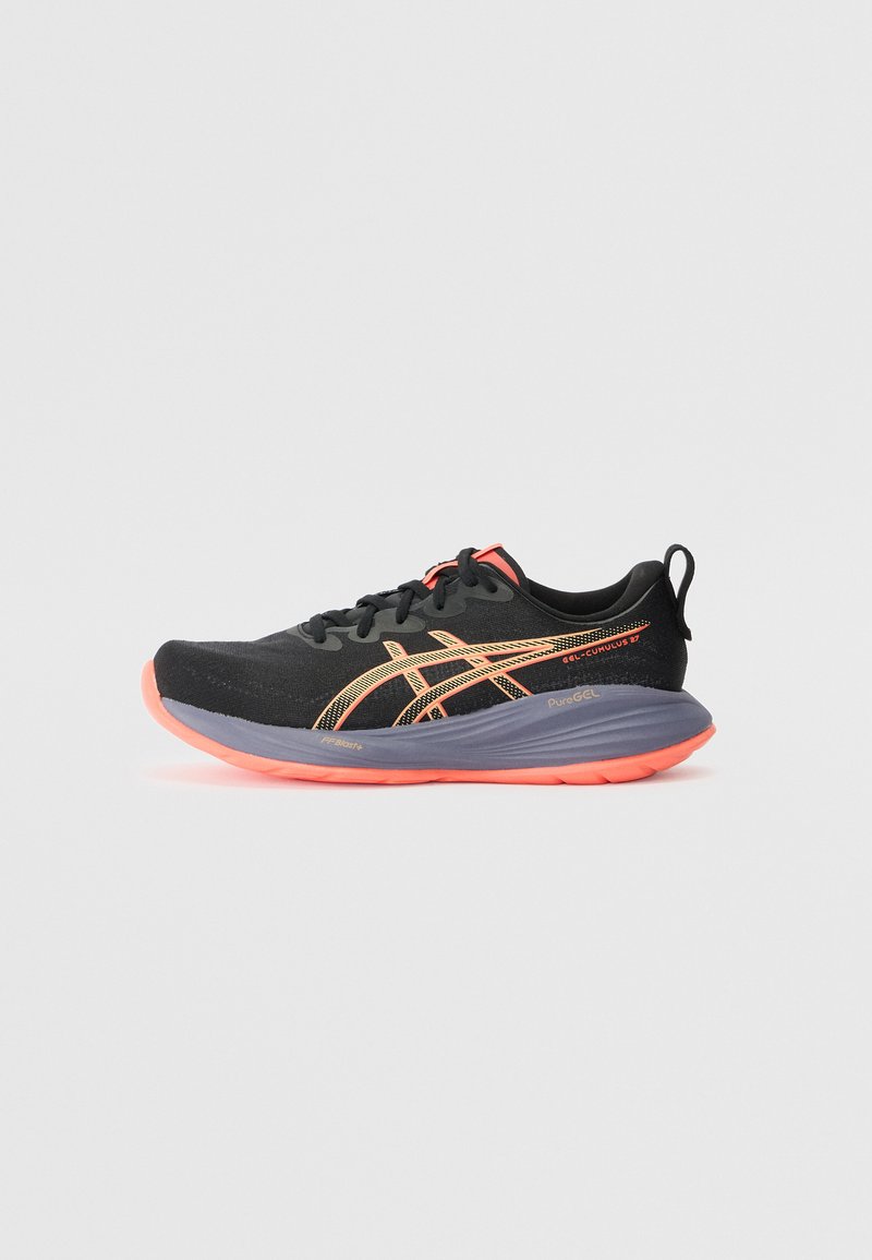 Black running shoe with orange accents, mesh upper, textured sole, and a rear pull tab. Features GEL cushioning technology and a sleek design.