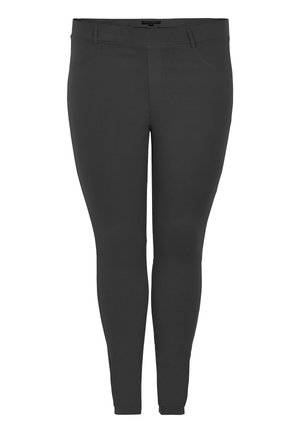 Pantaloni skinny neri a vita alta con tasche frontali e passanti per cintura, progettati per una vestibilità aderente dalla vita alla caviglia.