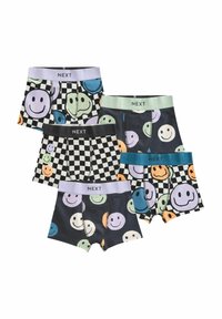 Quattro paia di boxer per ragazzi, con motivi colorati di faccine sorridenti e un design a scacchi in bianco e nero. Fasce elastiche in vari colori.