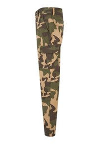 Viher- ja ruskeasävyiset camo cargo-housut. Valmistettu kestävästä kankaasta, suoran lahkeen muotoilu, sivutaskut ja klassinen vyötärö.