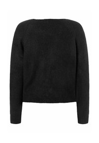 Zwarte geribde gebreide trui met lange mouwen en een cropped pasvorm, met een textuurstof en een brede, off-shoulder halslijn.
