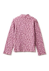 Langärmliges Oberteil aus pinkem Rippenmaterial mit einem gepunkteten Muster in dunkelpink und creme. Hoher Ausschnitt mit seitlichen Schlitzen am Saum.