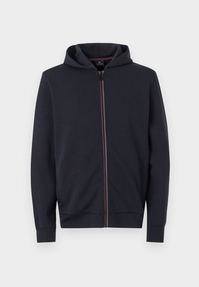 Navy hoodie with a full zip, featuring a rainbow-colored zipper accent and ribbed cuffs. Made from soft, textured fabric.